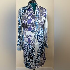 PaperWhite Snake Print Blue White Green 100% Silk Dress Button Down Size 8